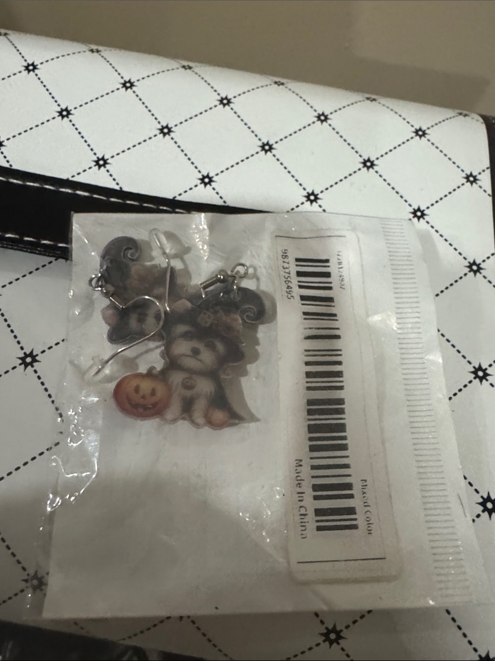 Halloween Puppy Charm Earrings - White and Brown